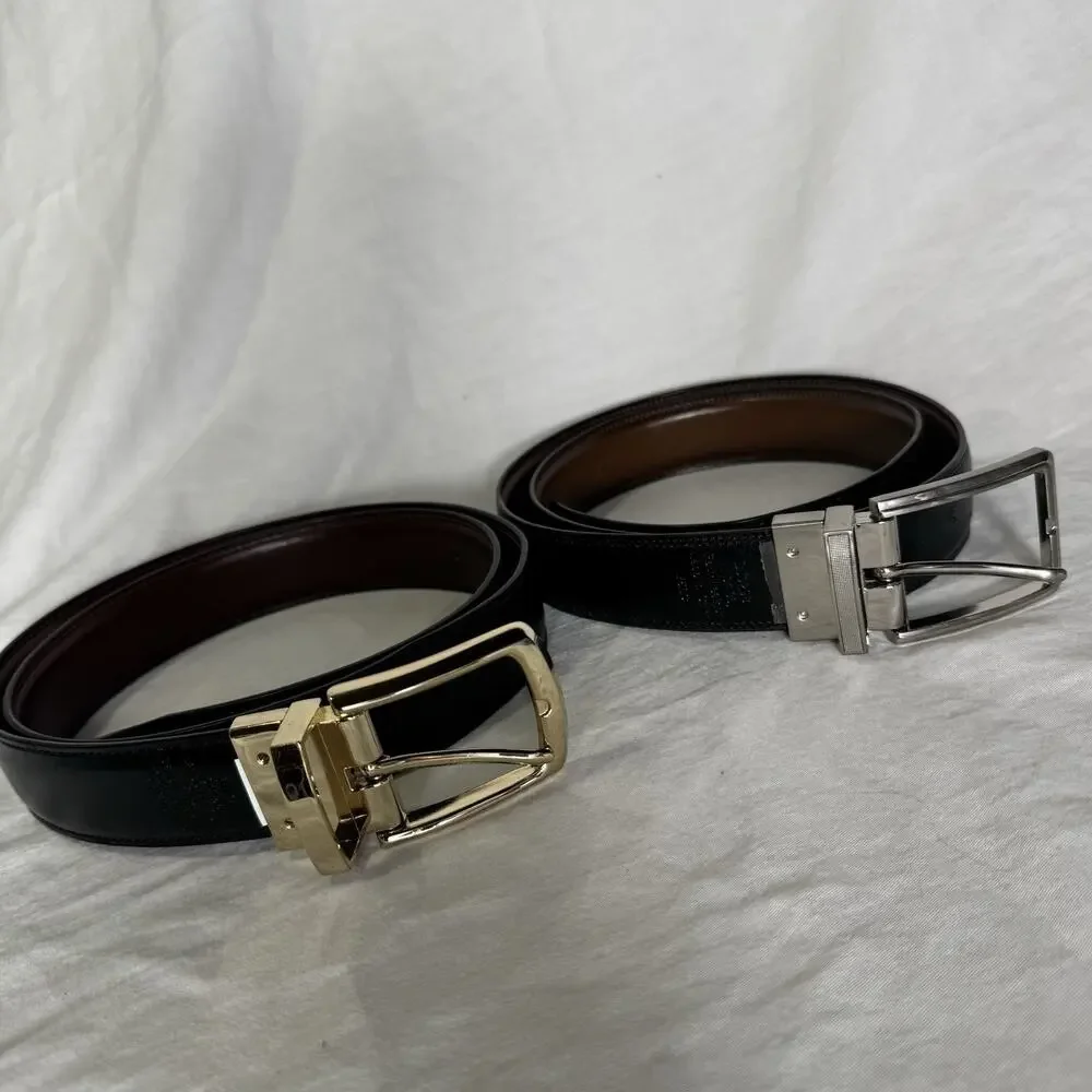 Men’s Reversible Leather Dress Belts Lot of 2 Black Brown Silver Buckle 34-36